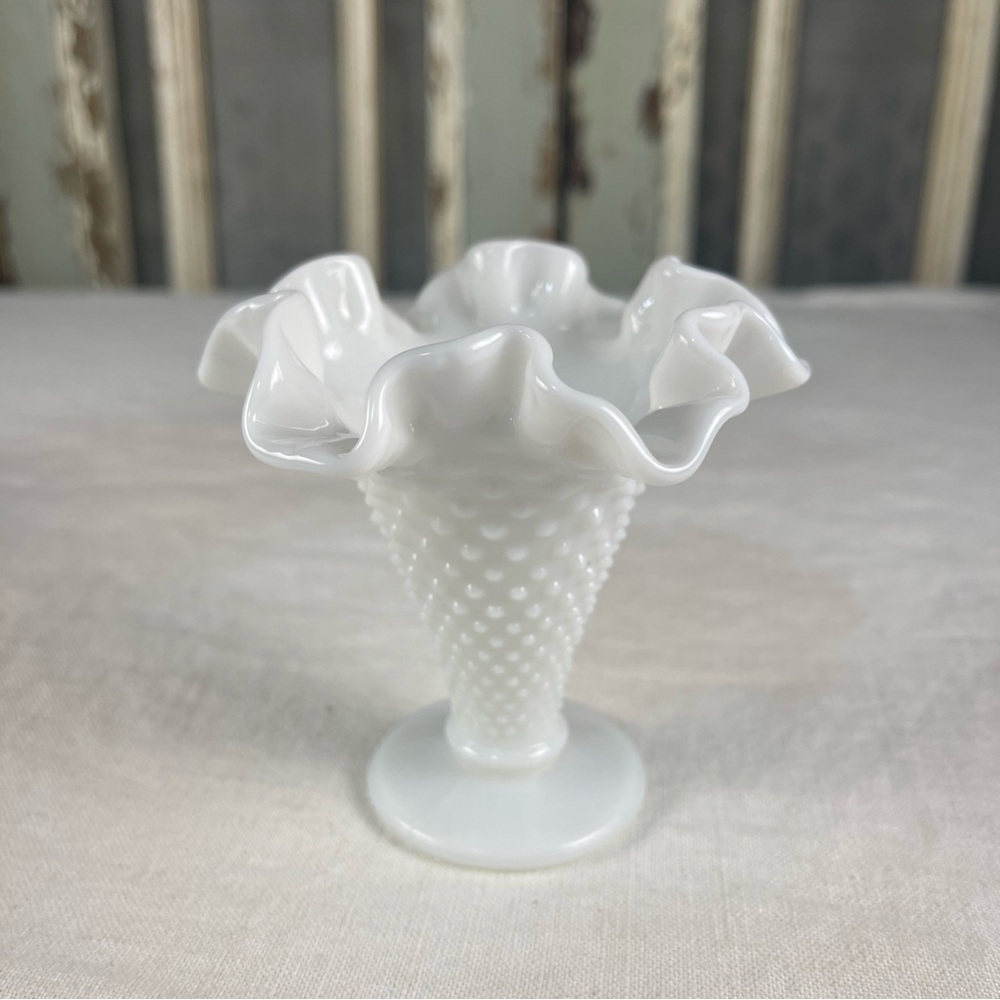 Vintage Fenton Hobnail Pastel White Glass Vase MCM Ruffle Rim RARE